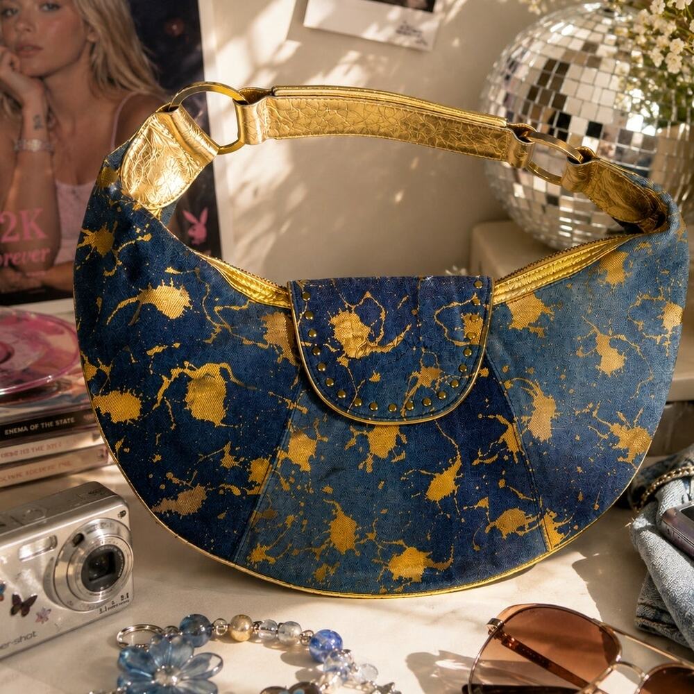Y2K Denim & Gold Metallic Shoulder Bag Boho Glam Streetwear Purse